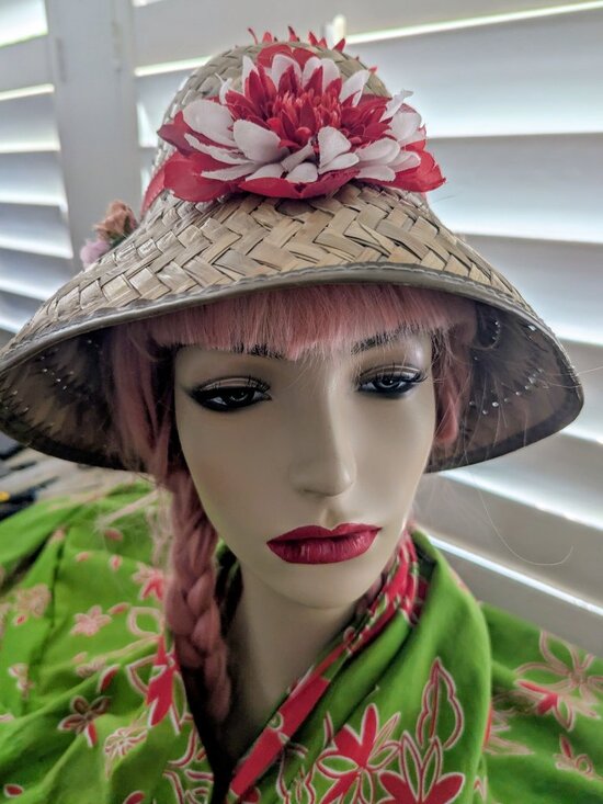Vintage 1950\'s-60\'s Straw Floral Sun Hat-Tiki Hat-Flowers & Red Robbon Cute main image 6